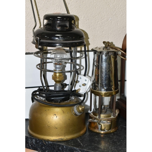 461 - A MINERS LAMP, brass makers plaque too rubbed to read but is marked No.3168, glass may be modern rep... 