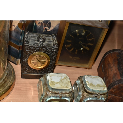 466 - A GROUP OF CLOCKS AND ORIENTAL ORNAMENTS, comprising a games box decorated with a Japanese garden sc... 