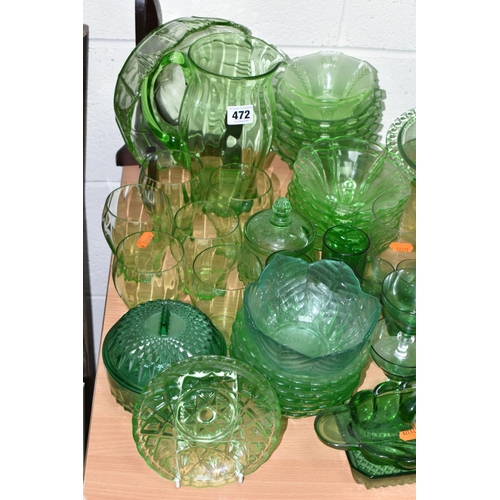 472 - A QUANTITY OF 20TH CENTURY GREEN PRESS MOULDED AND OTHER  GREEN COLOURED GLASSWARE, including hock g... 