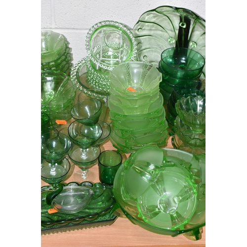 472 - A QUANTITY OF 20TH CENTURY GREEN PRESS MOULDED AND OTHER  GREEN COLOURED GLASSWARE, including hock g... 