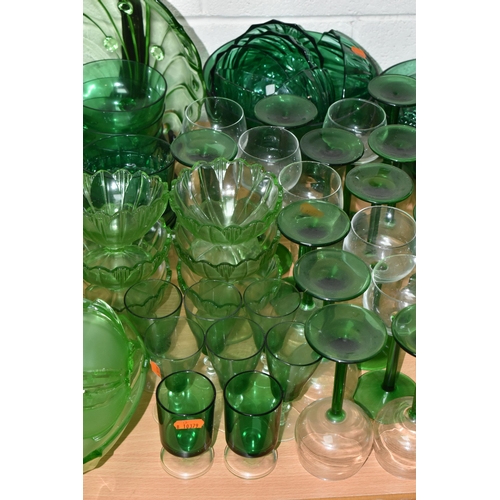 472 - A QUANTITY OF 20TH CENTURY GREEN PRESS MOULDED AND OTHER  GREEN COLOURED GLASSWARE, including hock g... 