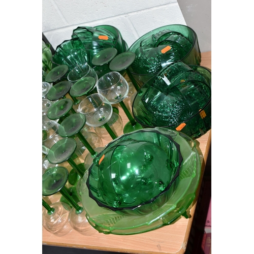 472 - A QUANTITY OF 20TH CENTURY GREEN PRESS MOULDED AND OTHER  GREEN COLOURED GLASSWARE, including hock g... 