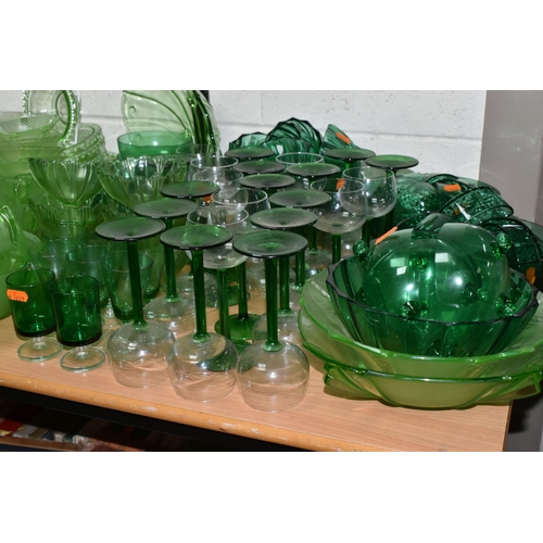 472 - A QUANTITY OF 20TH CENTURY GREEN PRESS MOULDED AND OTHER  GREEN COLOURED GLASSWARE, including hock g... 