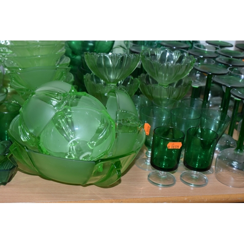 472 - A QUANTITY OF 20TH CENTURY GREEN PRESS MOULDED AND OTHER  GREEN COLOURED GLASSWARE, including hock g... 