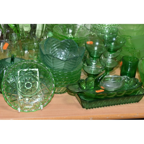 472 - A QUANTITY OF 20TH CENTURY GREEN PRESS MOULDED AND OTHER  GREEN COLOURED GLASSWARE, including hock g... 