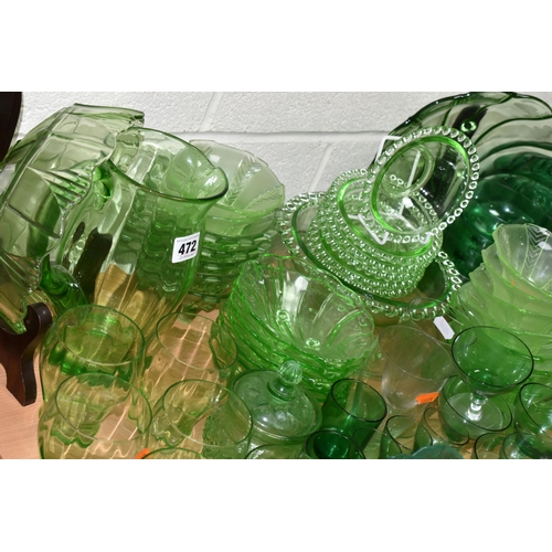 472 - A QUANTITY OF 20TH CENTURY GREEN PRESS MOULDED AND OTHER  GREEN COLOURED GLASSWARE, including hock g... 