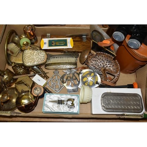 478 - A CASED BECK MICROSCOPE, FOUR VARIOUS MANTEL CLOCKS AND A BOX OF BRASSWARE, CAR BADGES, DRESSING TAB... 