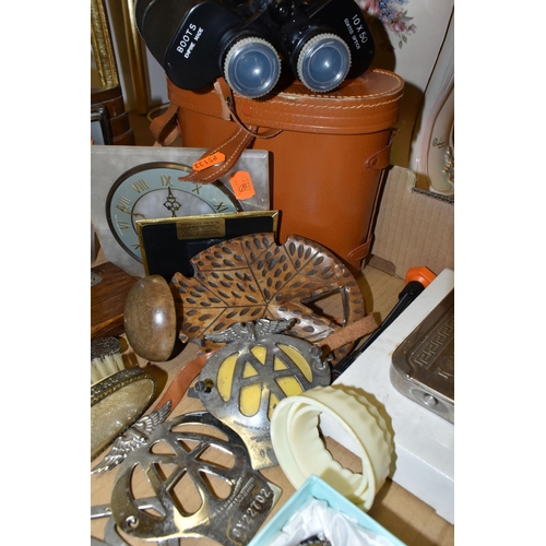 478 - A CASED BECK MICROSCOPE, FOUR VARIOUS MANTEL CLOCKS AND A BOX OF BRASSWARE, CAR BADGES, DRESSING TAB... 