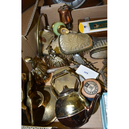 478 - A CASED BECK MICROSCOPE, FOUR VARIOUS MANTEL CLOCKS AND A BOX OF BRASSWARE, CAR BADGES, DRESSING TAB... 