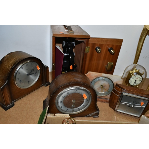 478 - A CASED BECK MICROSCOPE, FOUR VARIOUS MANTEL CLOCKS AND A BOX OF BRASSWARE, CAR BADGES, DRESSING TAB... 