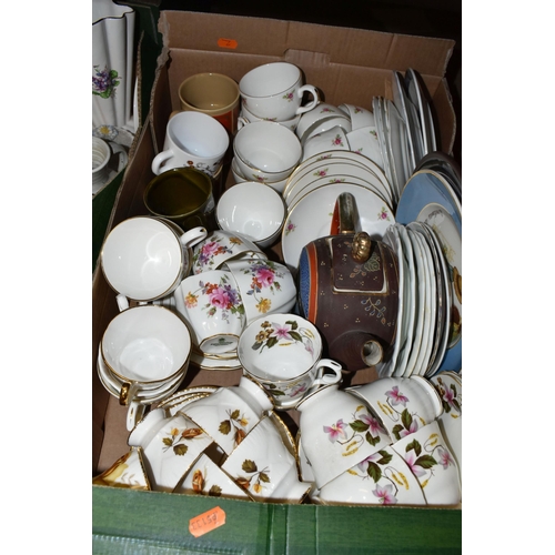 479 - FOUR BOXES AND LOOSE CERAMICS AND GLASSWARE, including assorted tea cups and saucers, a small number... 