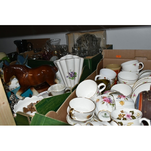 479 - FOUR BOXES AND LOOSE CERAMICS AND GLASSWARE, including assorted tea cups and saucers, a small number... 