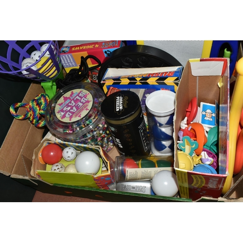 481 - FOUR BOXES AND LOOSE CHILDREN'S TOYS AND GAMES, including a two boxes of soft toys, plastic dolls, w... 