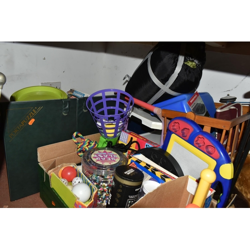 481 - FOUR BOXES AND LOOSE CHILDREN'S TOYS AND GAMES, including a two boxes of soft toys, plastic dolls, w... 