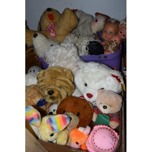 481 - FOUR BOXES AND LOOSE CHILDREN'S TOYS AND GAMES, including a two boxes of soft toys, plastic dolls, w... 