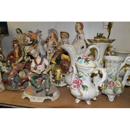 482 - A LARGE QUANTITY OF CAPODIMONTE FIGURES AND SIMILAR, comprising vases, figural groups, figural table... 