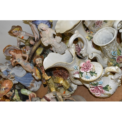 482 - A LARGE QUANTITY OF CAPODIMONTE FIGURES AND SIMILAR, comprising vases, figural groups, figural table... 