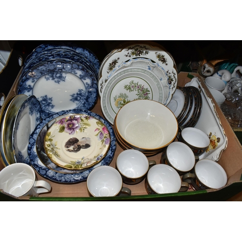 486 - THREE BOXES OF CERAMICS AND GLASSWARE, to include six Denby Marrakesh pattern cups and six saucers, ... 