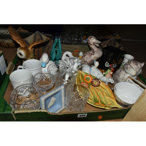 486 - THREE BOXES OF CERAMICS AND GLASSWARE, to include six Denby Marrakesh pattern cups and six saucers, ... 