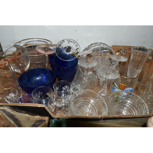 486 - THREE BOXES OF CERAMICS AND GLASSWARE, to include six Denby Marrakesh pattern cups and six saucers, ... 