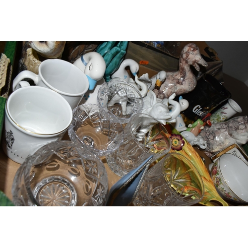 486 - THREE BOXES OF CERAMICS AND GLASSWARE, to include six Denby Marrakesh pattern cups and six saucers, ... 