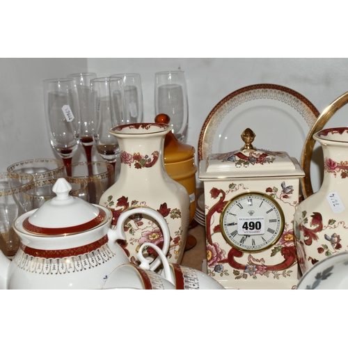 490 - A COLLECTION OF CERAMICS AND GLASSWARE, comprising a Mason's 'Mandalay red' pattern mantel clock and... 