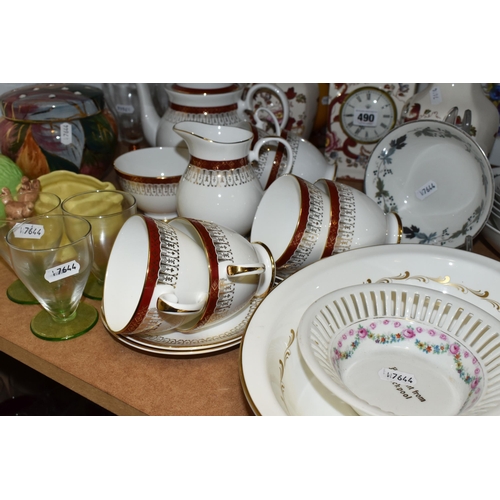 490 - A COLLECTION OF CERAMICS AND GLASSWARE, comprising a Mason's 'Mandalay red' pattern mantel clock and... 