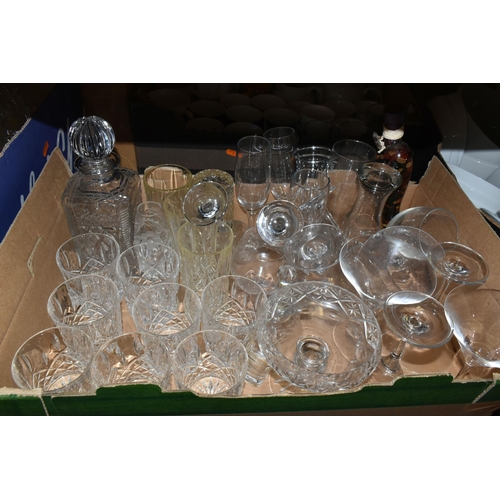 491 - FIVE BOXES OF DINNERWARE AND DRINKING GLASSES, to include a large quantity of modern white  Dema des... 