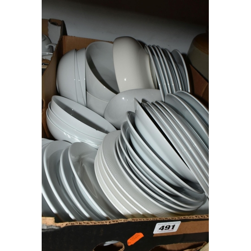 491 - FIVE BOXES OF DINNERWARE AND DRINKING GLASSES, to include a large quantity of modern white  Dema des... 