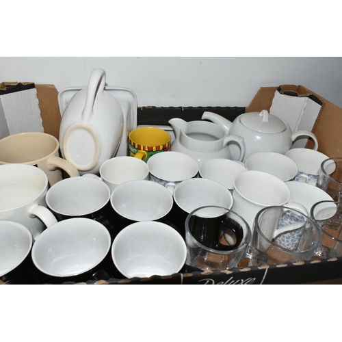 491 - FIVE BOXES OF DINNERWARE AND DRINKING GLASSES, to include a large quantity of modern white  Dema des... 