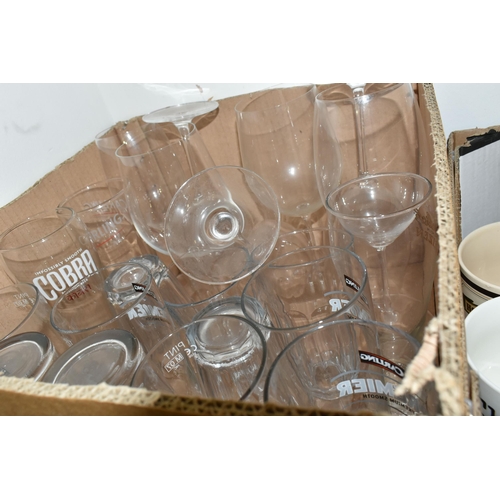 491 - FIVE BOXES OF DINNERWARE AND DRINKING GLASSES, to include a large quantity of modern white  Dema des... 