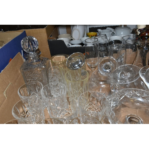 491 - FIVE BOXES OF DINNERWARE AND DRINKING GLASSES, to include a large quantity of modern white  Dema des... 