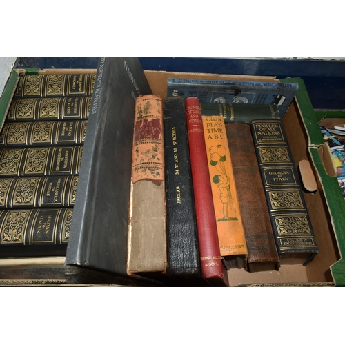 492 - FOUR BOXES OF TREEN, ANTIQUARIAN BOOKS AND A COLLECTION OF TOPPS TRADING CARDS, to include Topps Sla... 