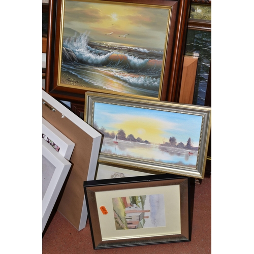 493 - A SMALL QUANTITY OF PAINTINGS AND PRINTS ETC, to include a B. J. Phillips coastal oil on canvas depi... 