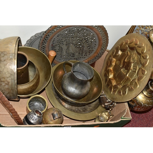 497 - ONE BOX OF BRASS AND COPPERWARE, comprising an Argentinian white metal mounted Yerba Mate hand hamme... 