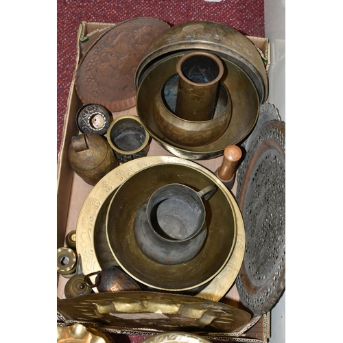 497 - ONE BOX OF BRASS AND COPPERWARE, comprising an Argentinian white metal mounted Yerba Mate hand hamme... 