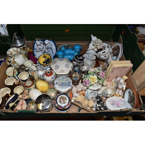 502 - THREE BOXES OF CERAMICS AND ORNAMENTS, to include a royal Doulton 'Old salt' character jug, Royal Wo... 