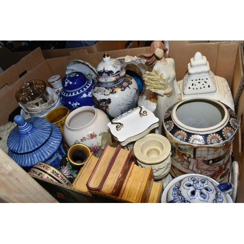 502 - THREE BOXES OF CERAMICS AND ORNAMENTS, to include a royal Doulton 'Old salt' character jug, Royal Wo... 