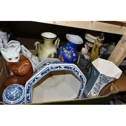 502 - THREE BOXES OF CERAMICS AND ORNAMENTS, to include a royal Doulton 'Old salt' character jug, Royal Wo... 