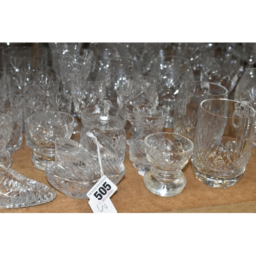 505 - A LARGE QUANTITY OF CUT CRYSTAL AND GLASSWARE, comprising a Royal Doulton decanter (chipped stopper)... 