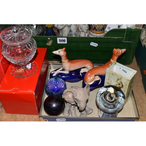 506 - FOUR BOXES OF CERAMICS AND GLASSWARE, to include a boxed Royal Briery Crystal sugar sifter, compote ... 