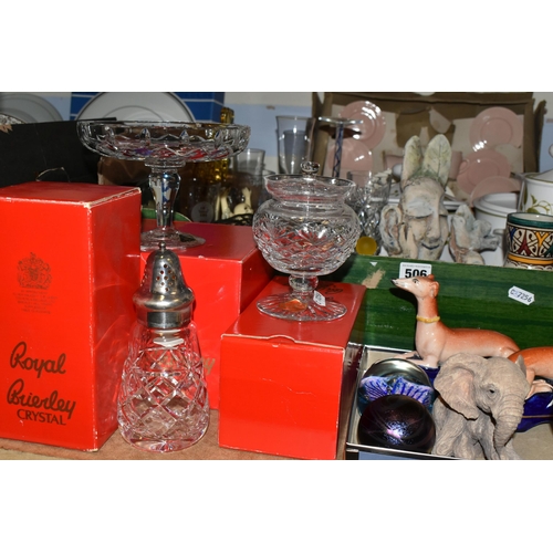 506 - FOUR BOXES OF CERAMICS AND GLASSWARE, to include a boxed Royal Briery Crystal sugar sifter, compote ... 