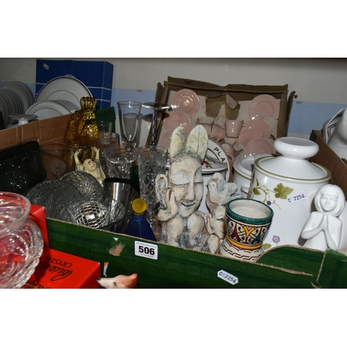 506 - FOUR BOXES OF CERAMICS AND GLASSWARE, to include a boxed Royal Briery Crystal sugar sifter, compote ... 