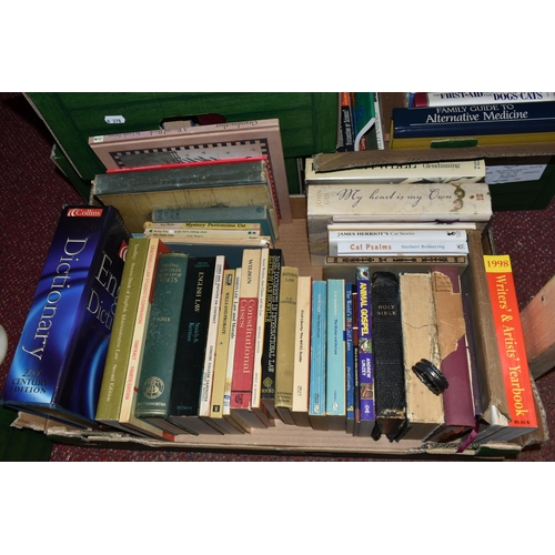 509 - FOUR BOXES OF BOOKS, antiquarian books, paperbacks and novels, together with a single silver napkin ... 