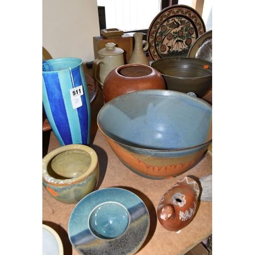 511 - A LARGE COLLECTION OF STUDIO POTTERY, twenty nine pieces comprising large chargers, bowls, vases and... 