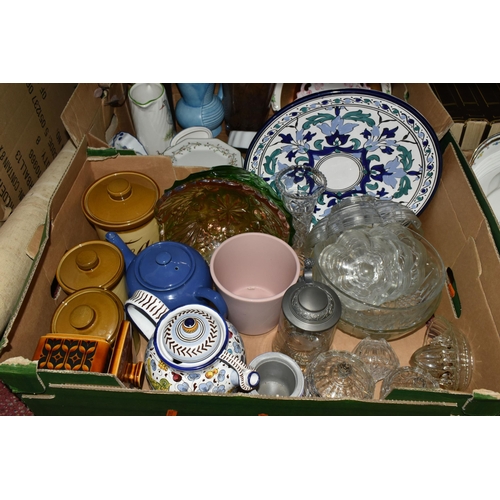 514 - FIVE BOXES OF BOOKS AND CERAMICS, to include Meakin 'Blue Nordic' pattern dinnerware, Mason's 'Fruit... 