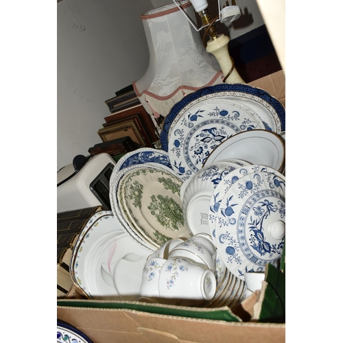 514 - FIVE BOXES OF BOOKS AND CERAMICS, to include Meakin 'Blue Nordic' pattern dinnerware, Mason's 'Fruit... 