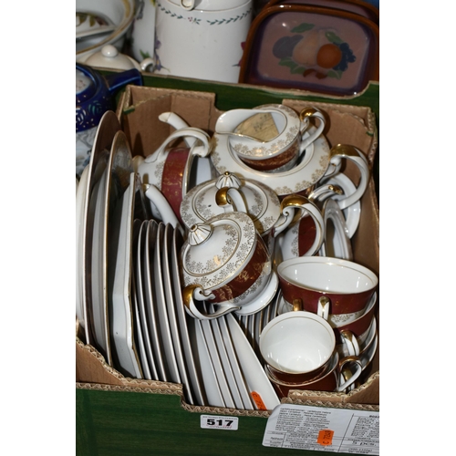 517 - SIX BOXES OF DINNERWARE AND GLASSWARE, to include a large cream soup tureen with ladle and lid, a Ro... 