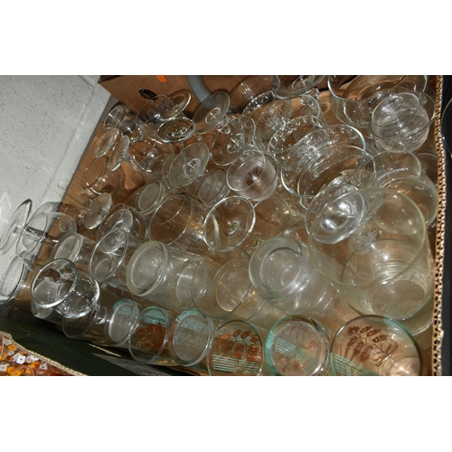 521 - SIX BOXES OF DRINKING GLASSES, over two hundred and fifty pieces, to include some printed vintage ex... 