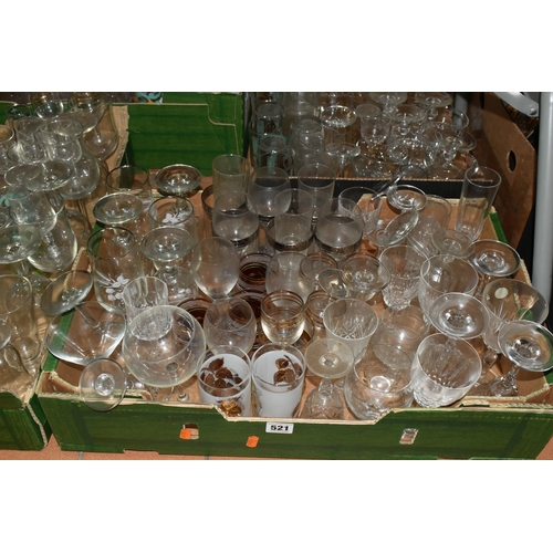 521 - SIX BOXES OF DRINKING GLASSES, over two hundred and fifty pieces, to include some printed vintage ex... 